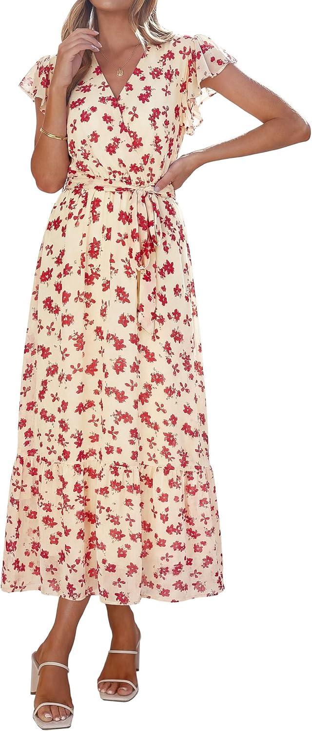 imagePRETTYGARDEN Womens Summer Floral Boho Maxi Dress Short Sleeve Wrap V Neck Ruffle Long Flowy Beach Wedding Guest DressesApricot Red Floral