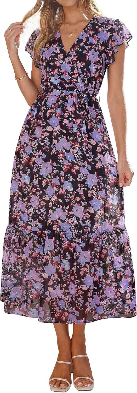 imagePRETTYGARDEN Womens Summer Floral Boho Maxi Dress Short Sleeve Wrap V Neck Ruffle Long Flowy Beach Wedding Guest DressesBlack Purple Floral