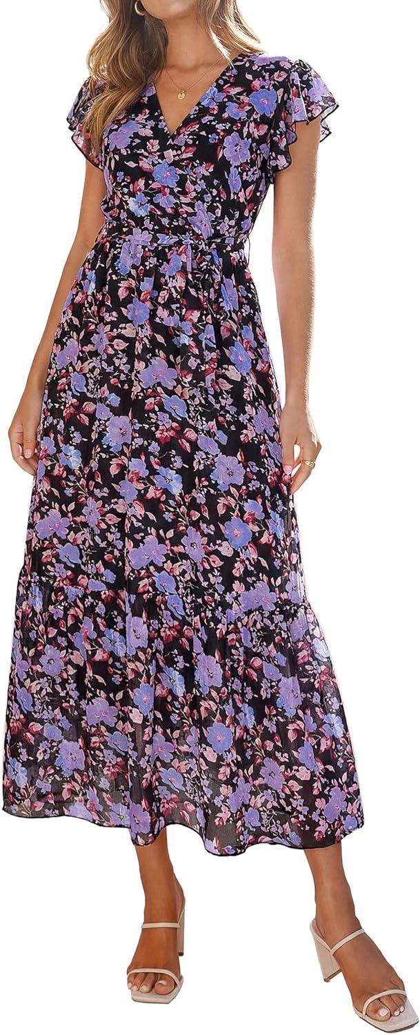 imagePRETTYGARDEN Womens Summer Floral Boho Maxi Dress Short Sleeve Wrap V Neck Ruffle Long Flowy Beach Wedding Guest DressesBlack Purple Floral