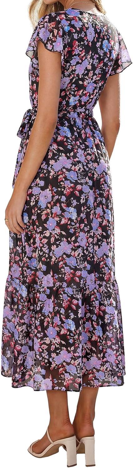 imagePRETTYGARDEN Womens Summer Floral Boho Maxi Dress Short Sleeve Wrap V Neck Ruffle Long Flowy Beach Wedding Guest DressesBlack Purple Floral