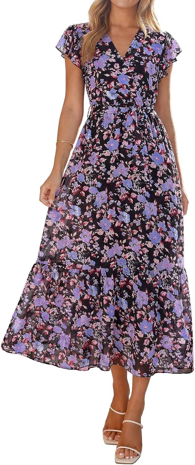imagePRETTYGARDEN Womens Summer Floral Boho Maxi Dress Short Sleeve Wrap V Neck Ruffle Long Flowy Beach Wedding Guest DressesBlack Purple Floral