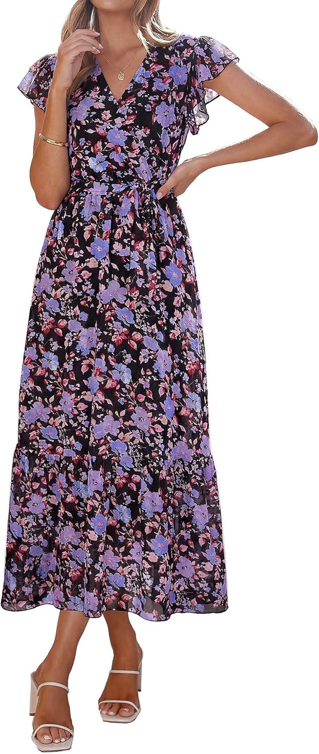 imagePRETTYGARDEN Womens Summer Floral Boho Maxi Dress Short Sleeve Wrap V Neck Ruffle Long Flowy Beach Wedding Guest DressesBlack Purple Floral