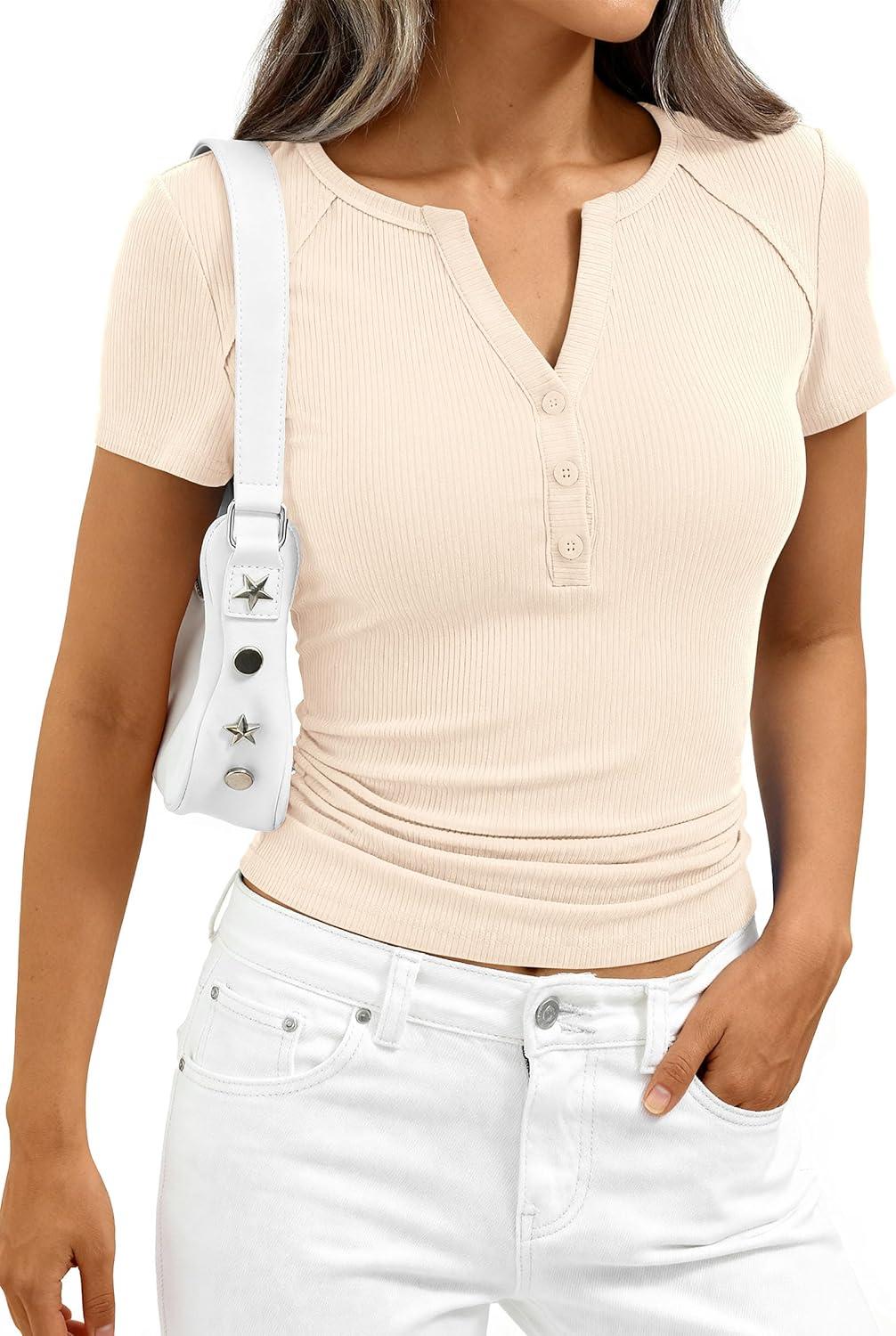 imagePRETTYGARDEN Womens Summer Short Sleeve Tops 2026 Spring Basic Tees V Neck Button Up Henley T Shirts Fitted Ribbed BlousesBeige