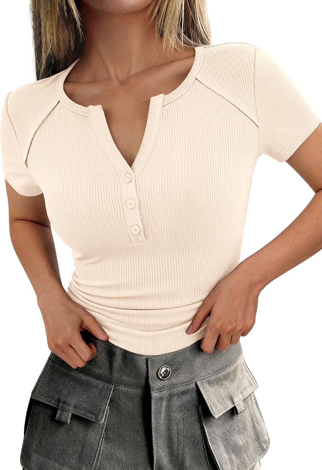 imagePRETTYGARDEN Womens Summer Short Sleeve Tops 2026 Spring Basic Tees V Neck Button Up Henley T Shirts Fitted Ribbed BlousesBeige
