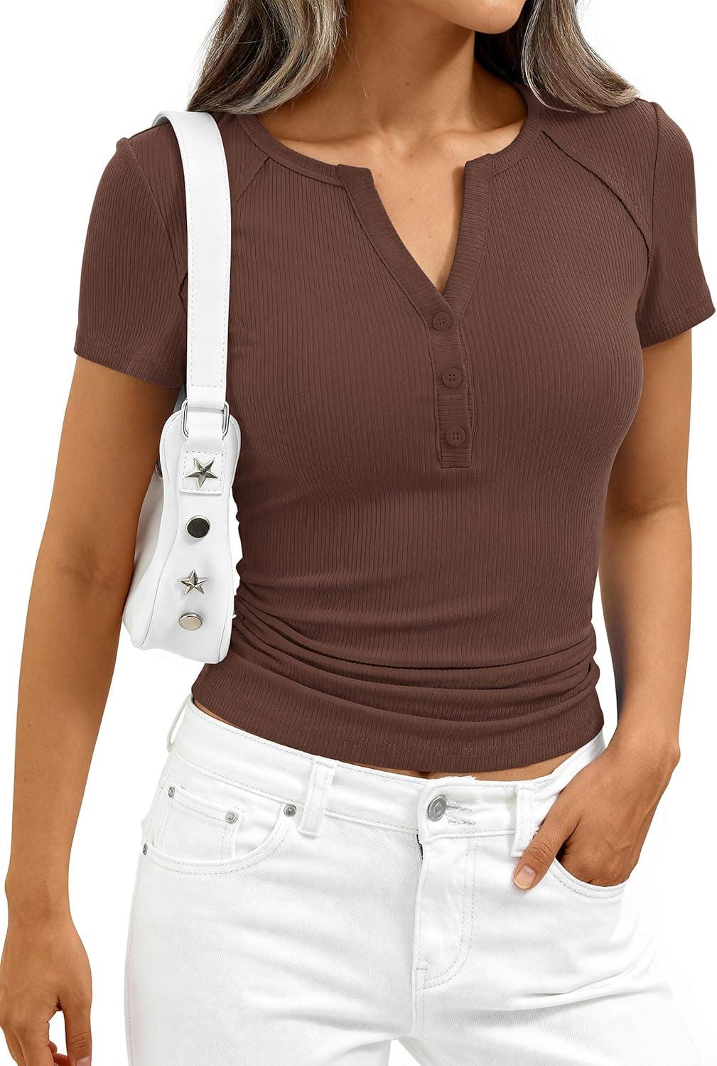 imagePRETTYGARDEN Womens Summer Short Sleeve Tops 2026 Spring Basic Tees V Neck Button Up Henley T Shirts Fitted Ribbed BlousesBrown