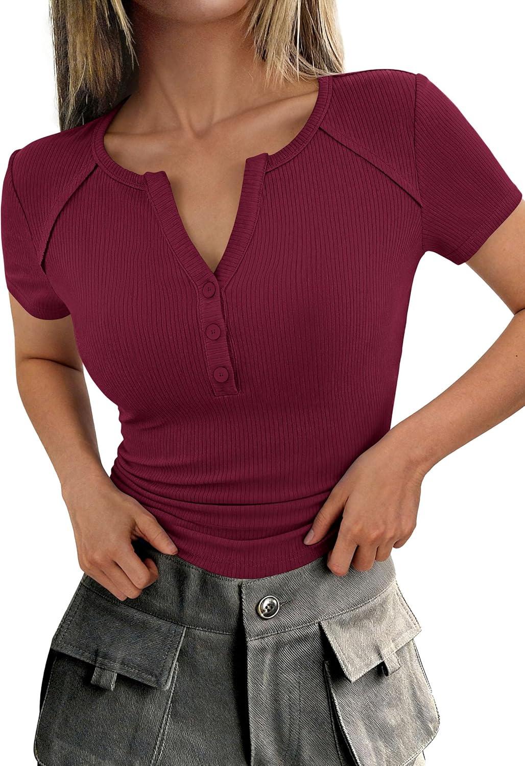 imagePRETTYGARDEN Womens Summer Short Sleeve Tops 2026 Spring Basic Tees V Neck Button Up Henley T Shirts Fitted Ribbed BlousesBurgundy