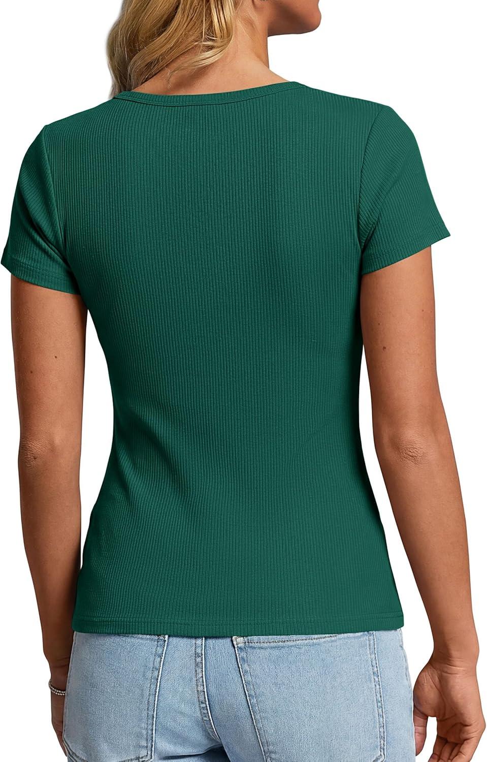 imagePRETTYGARDEN Womens Summer Short Sleeve Tops 2026 Spring Basic Tees V Neck Button Up Henley T Shirts Fitted Ribbed BlousesDark Green