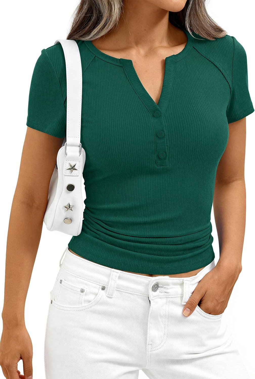 imagePRETTYGARDEN Womens Summer Short Sleeve Tops 2026 Spring Basic Tees V Neck Button Up Henley T Shirts Fitted Ribbed BlousesDark Green