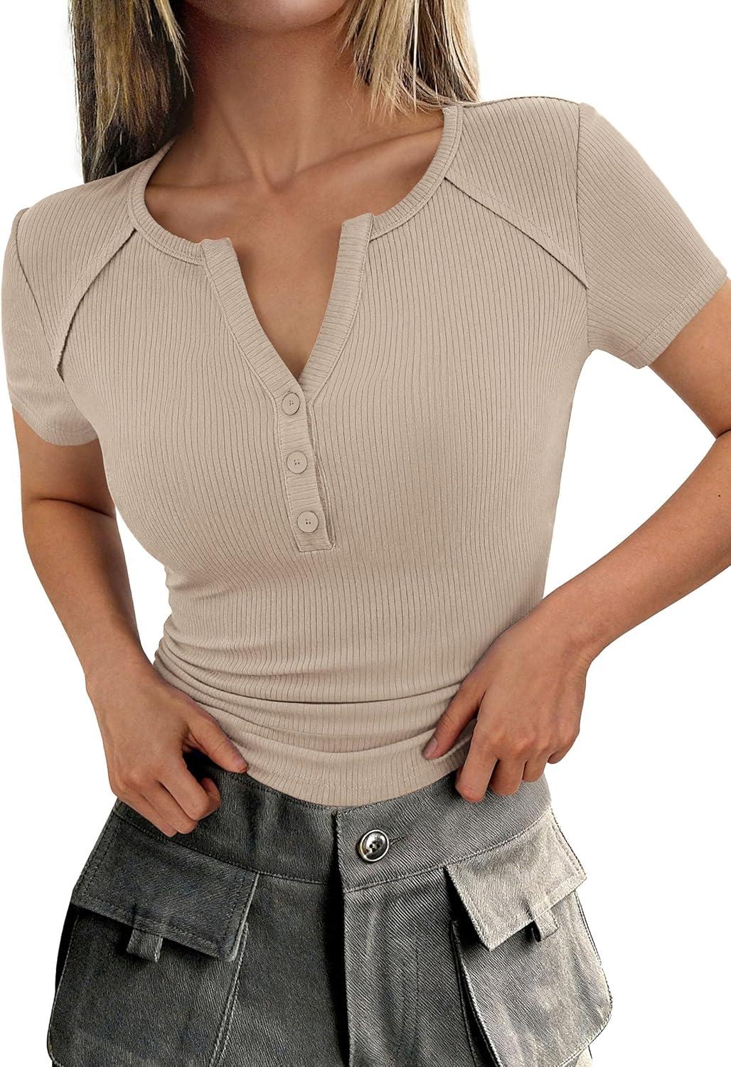 imagePRETTYGARDEN Womens Summer Short Sleeve Tops 2026 Spring Basic Tees V Neck Button Up Henley T Shirts Fitted Ribbed BlousesLight Khaki