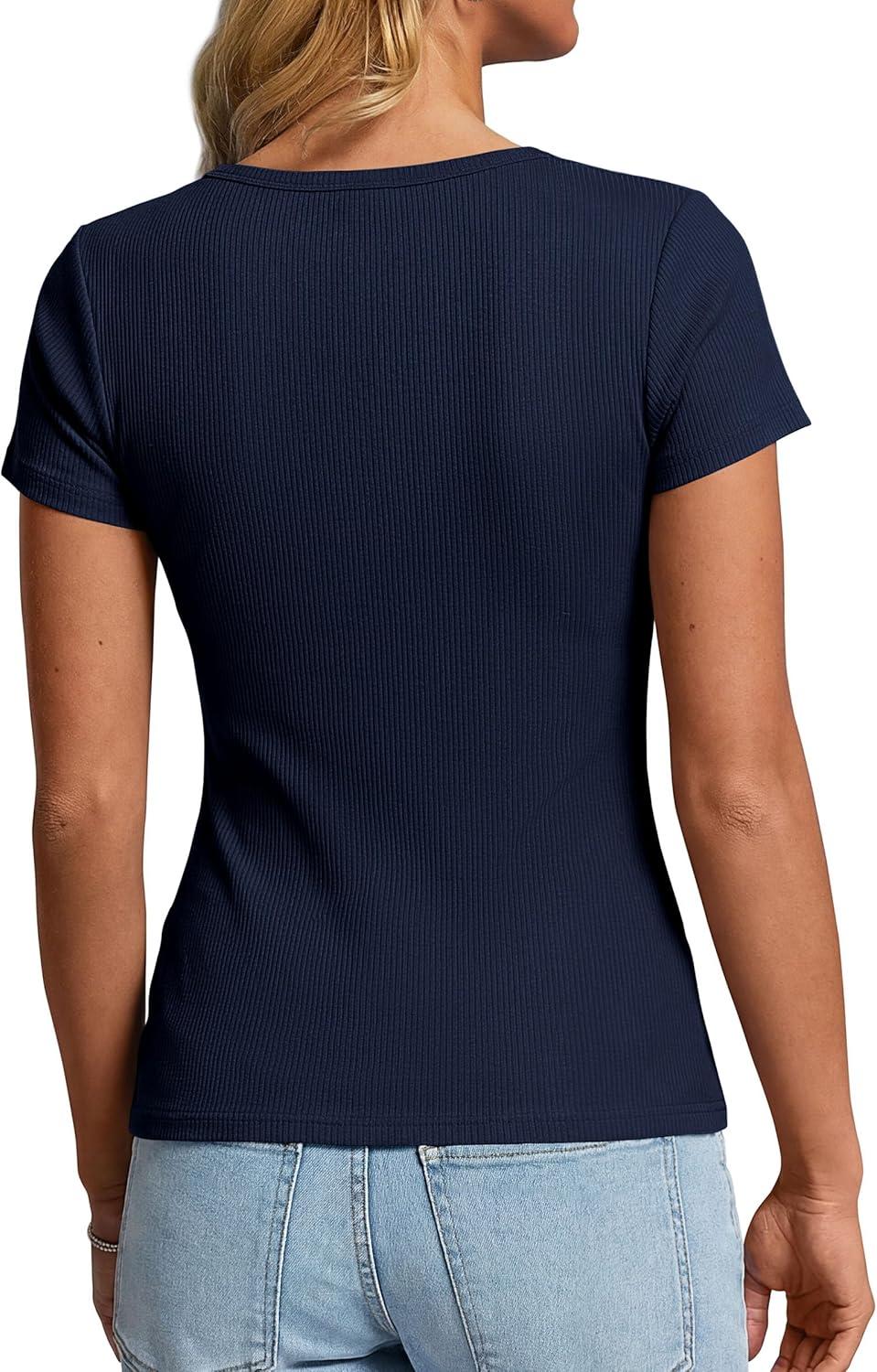 imagePRETTYGARDEN Womens Summer Short Sleeve Tops 2026 Spring Basic Tees V Neck Button Up Henley T Shirts Fitted Ribbed BlousesNavy