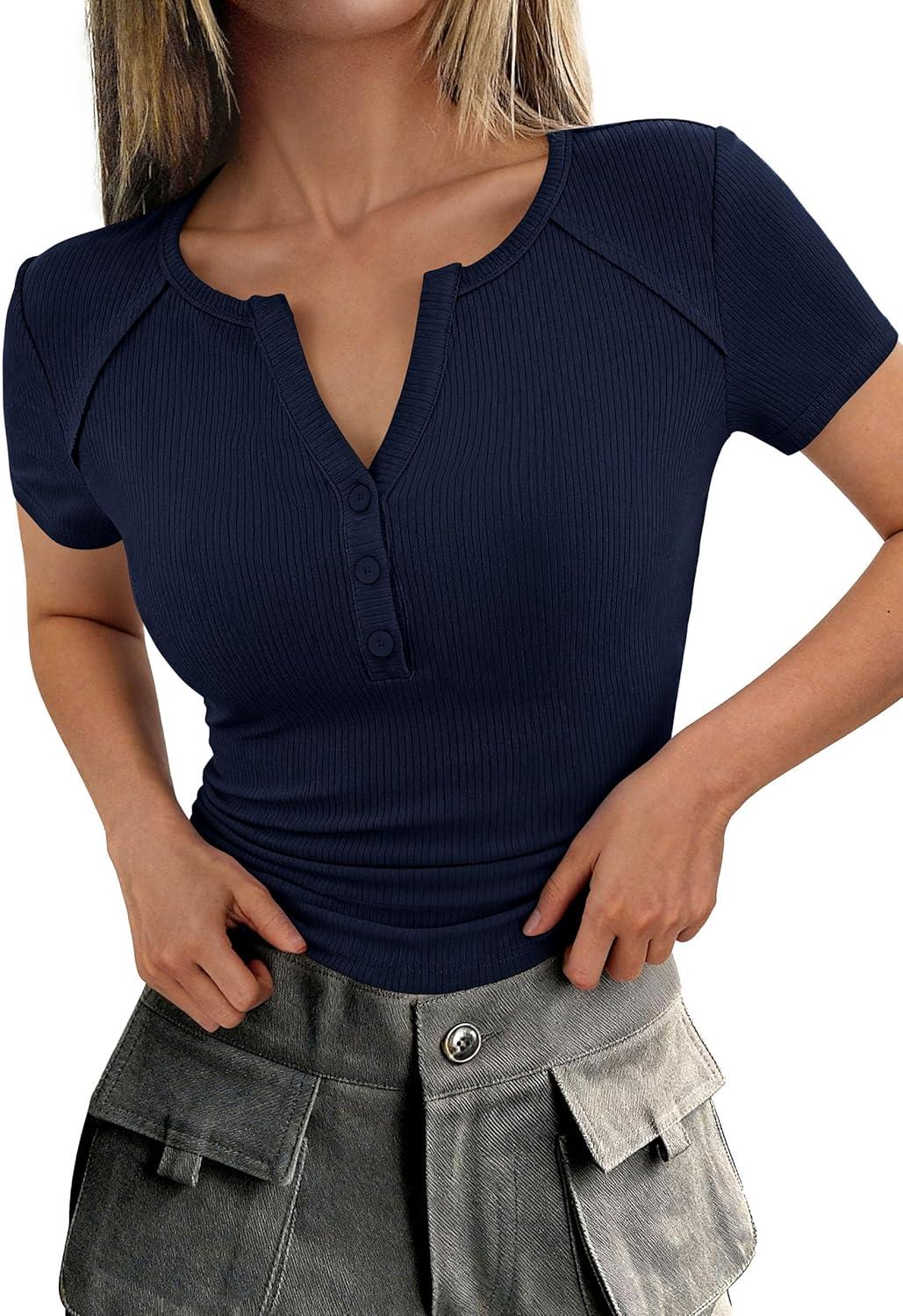 imagePRETTYGARDEN Womens Summer Short Sleeve Tops 2026 Spring Basic Tees V Neck Button Up Henley T Shirts Fitted Ribbed BlousesNavy