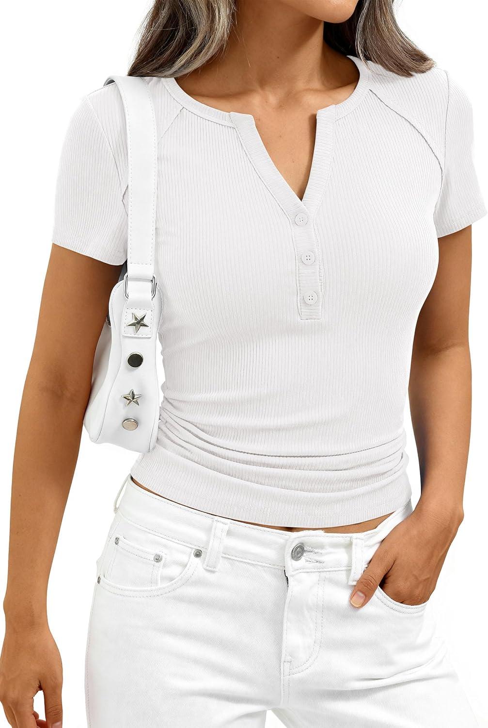 imagePRETTYGARDEN Womens Summer Short Sleeve Tops 2026 Spring Basic Tees V Neck Button Up Henley T Shirts Fitted Ribbed BlousesWhite