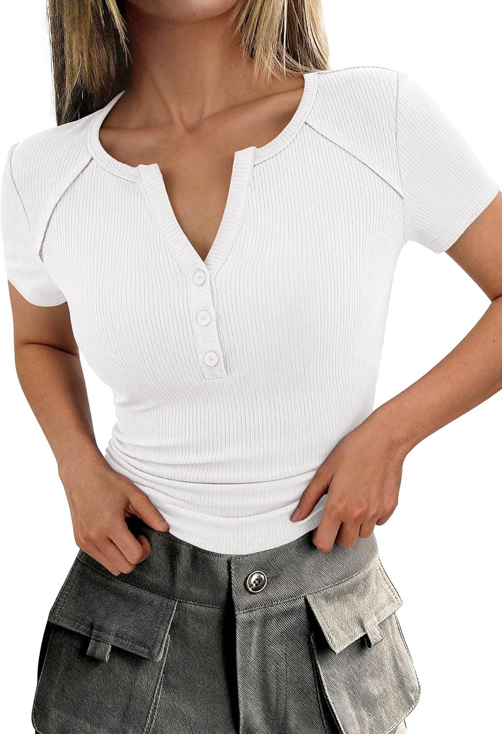 imagePRETTYGARDEN Womens Summer Short Sleeve Tops 2026 Spring Basic Tees V Neck Button Up Henley T Shirts Fitted Ribbed BlousesWhite