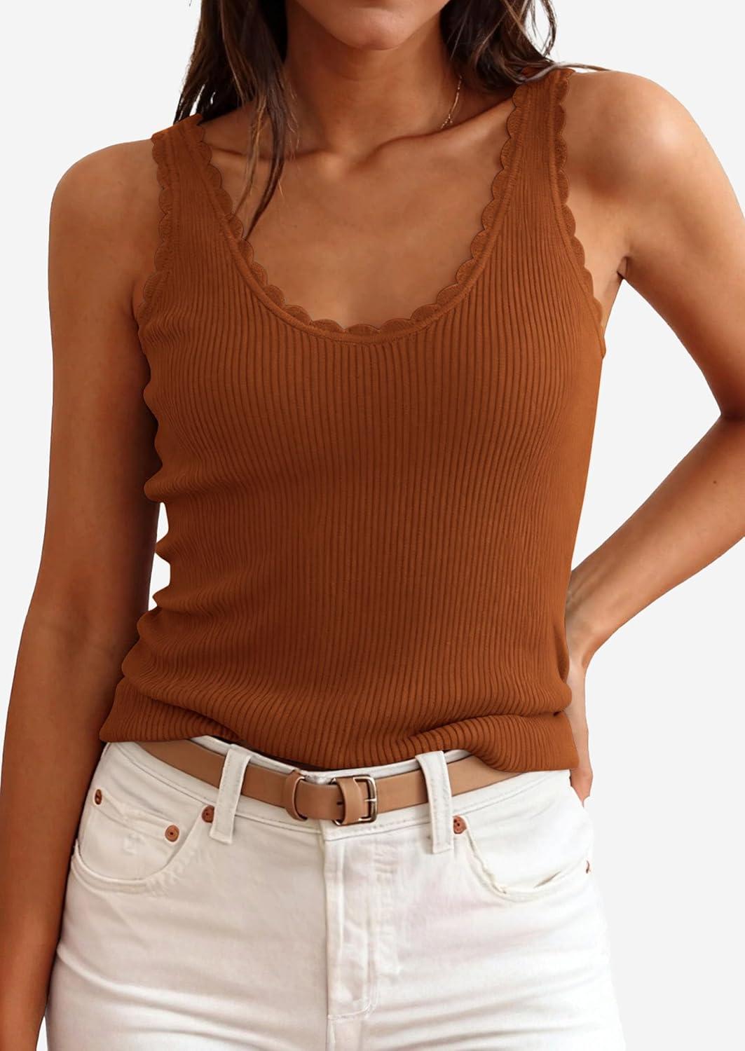 imagePRETTYGARDEN Womens Summer Sleeveless Tank Tops 2026 V Neck Ruffle Lightweight Ribbed Knit Shirt Casual Going Out TopBrown