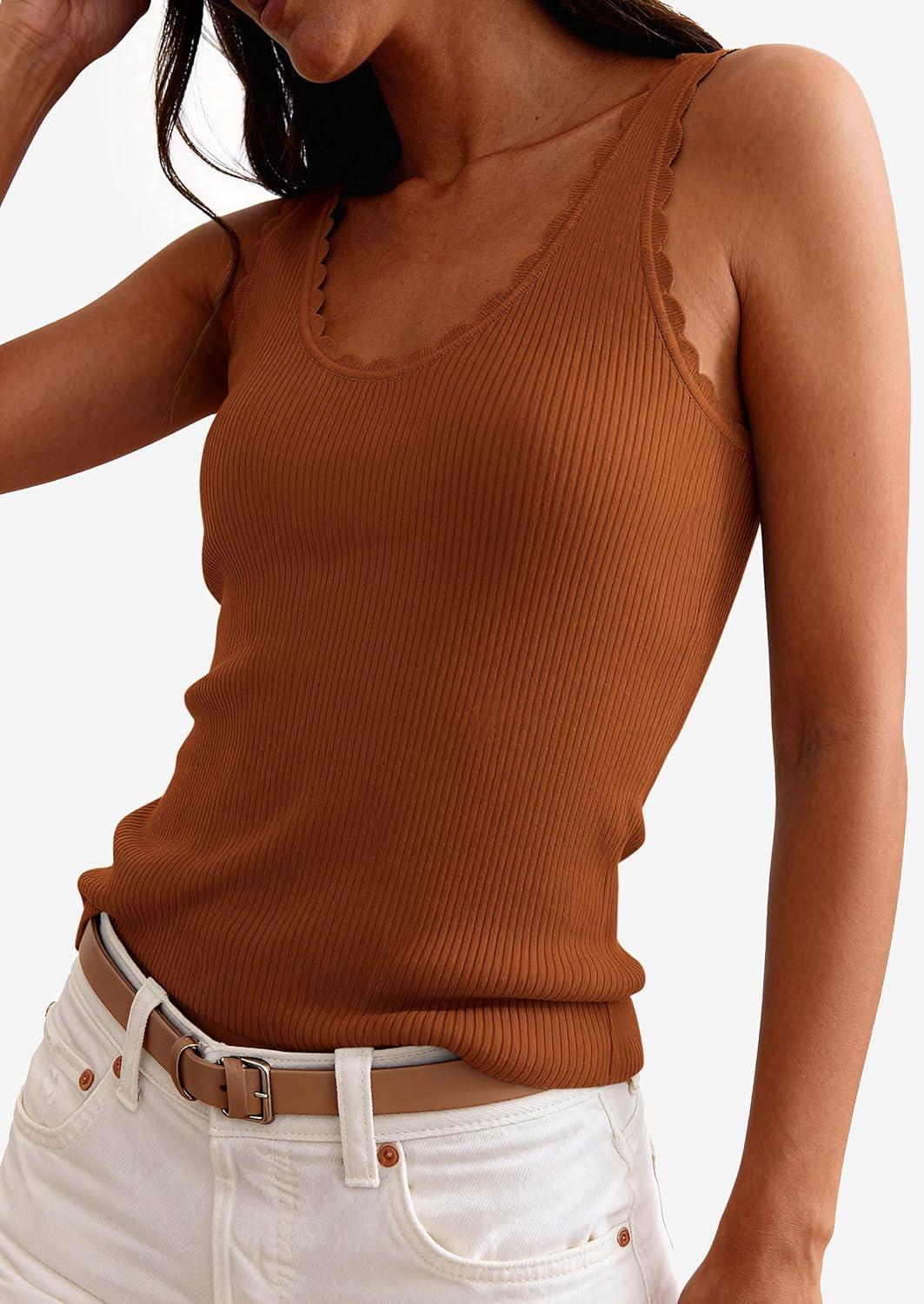 imagePRETTYGARDEN Womens Summer Sleeveless Tank Tops 2026 V Neck Ruffle Lightweight Ribbed Knit Shirt Casual Going Out TopBrown