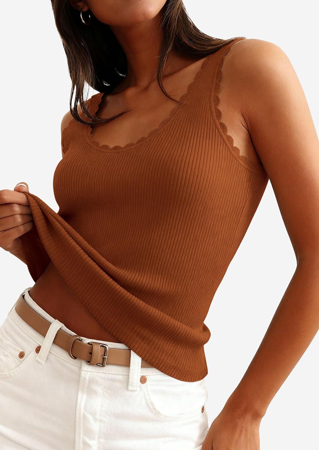 imagePRETTYGARDEN Womens Summer Sleeveless Tank Tops 2026 V Neck Ruffle Lightweight Ribbed Knit Shirt Casual Going Out TopBrown