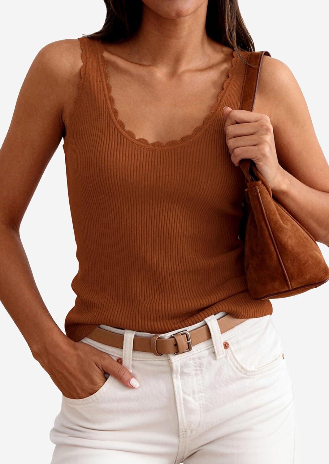 imagePRETTYGARDEN Womens Summer Sleeveless Tank Tops 2026 V Neck Ruffle Lightweight Ribbed Knit Shirt Casual Going Out TopBrown