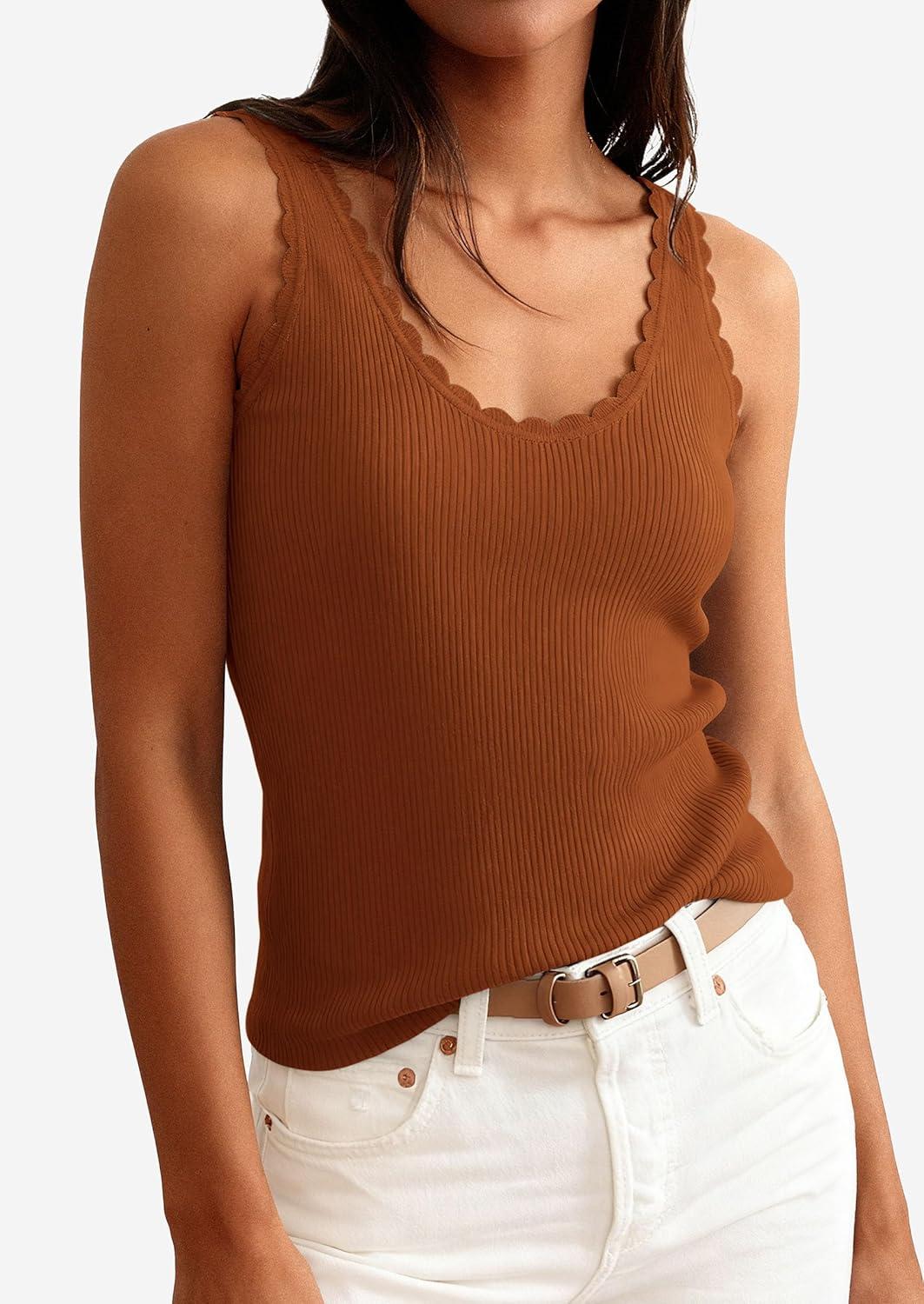 imagePRETTYGARDEN Womens Summer Sleeveless Tank Tops 2026 V Neck Ruffle Lightweight Ribbed Knit Shirt Casual Going Out TopBrown