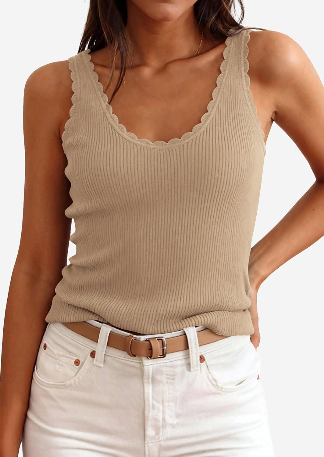 imagePRETTYGARDEN Womens Summer Sleeveless Tank Tops 2026 V Neck Ruffle Lightweight Ribbed Knit Shirt Casual Going Out TopDark Apricot