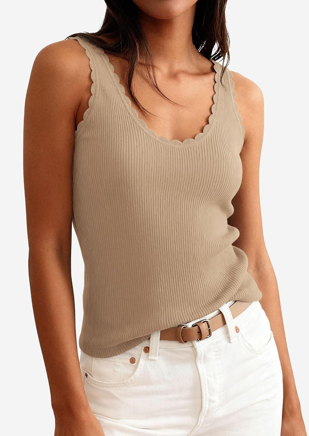 imagePRETTYGARDEN Womens Summer Sleeveless Tank Tops 2026 V Neck Ruffle Lightweight Ribbed Knit Shirt Casual Going Out TopDark Apricot