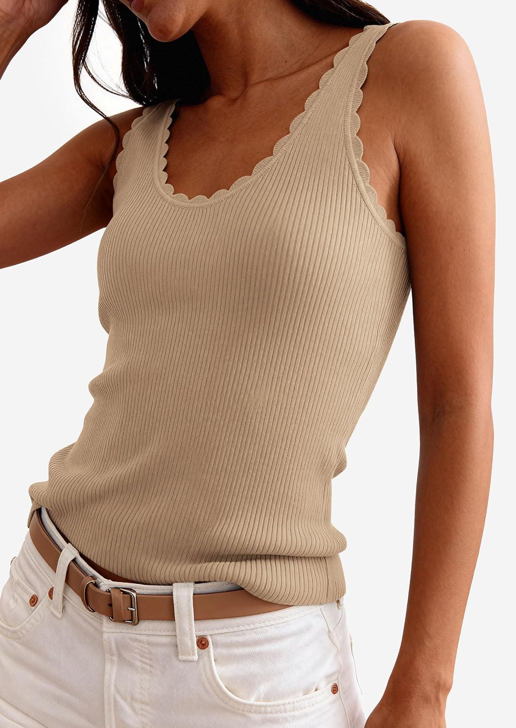 imagePRETTYGARDEN Womens Summer Sleeveless Tank Tops 2026 V Neck Ruffle Lightweight Ribbed Knit Shirt Casual Going Out TopDark Apricot