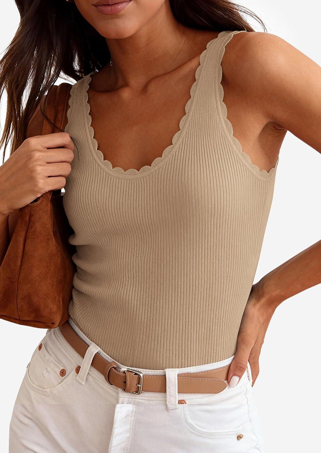 imagePRETTYGARDEN Womens Summer Sleeveless Tank Tops 2026 V Neck Ruffle Lightweight Ribbed Knit Shirt Casual Going Out TopDark Apricot