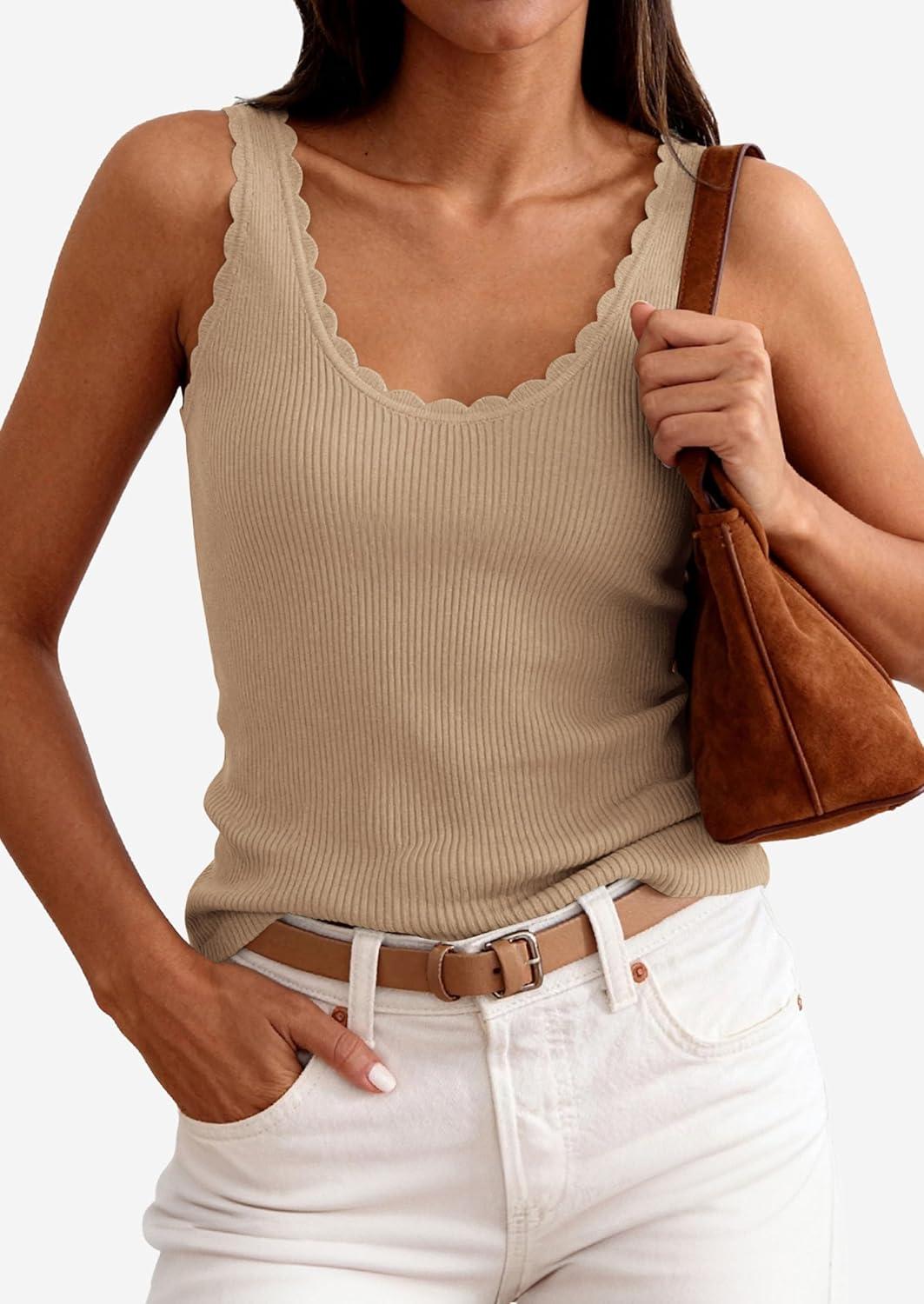 imagePRETTYGARDEN Womens Summer Sleeveless Tank Tops 2026 V Neck Ruffle Lightweight Ribbed Knit Shirt Casual Going Out TopDark Apricot