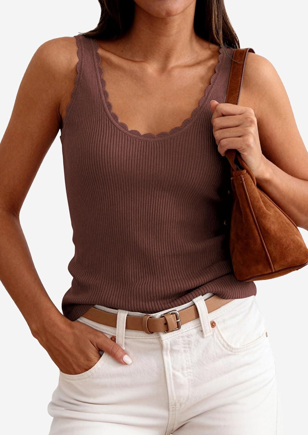 imagePRETTYGARDEN Womens Summer Sleeveless Tank Tops 2026 V Neck Ruffle Lightweight Ribbed Knit Shirt Casual Going Out TopDark Brown