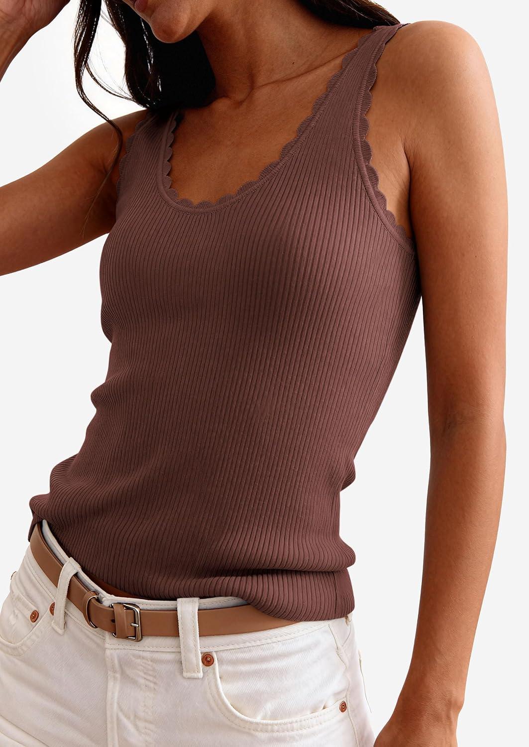 imagePRETTYGARDEN Womens Summer Sleeveless Tank Tops 2026 V Neck Ruffle Lightweight Ribbed Knit Shirt Casual Going Out TopDark Brown
