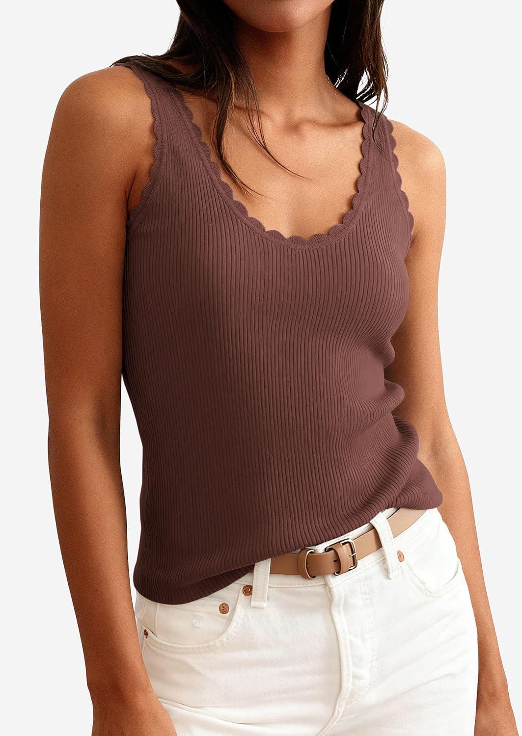 imagePRETTYGARDEN Womens Summer Sleeveless Tank Tops 2026 V Neck Ruffle Lightweight Ribbed Knit Shirt Casual Going Out TopDark Brown