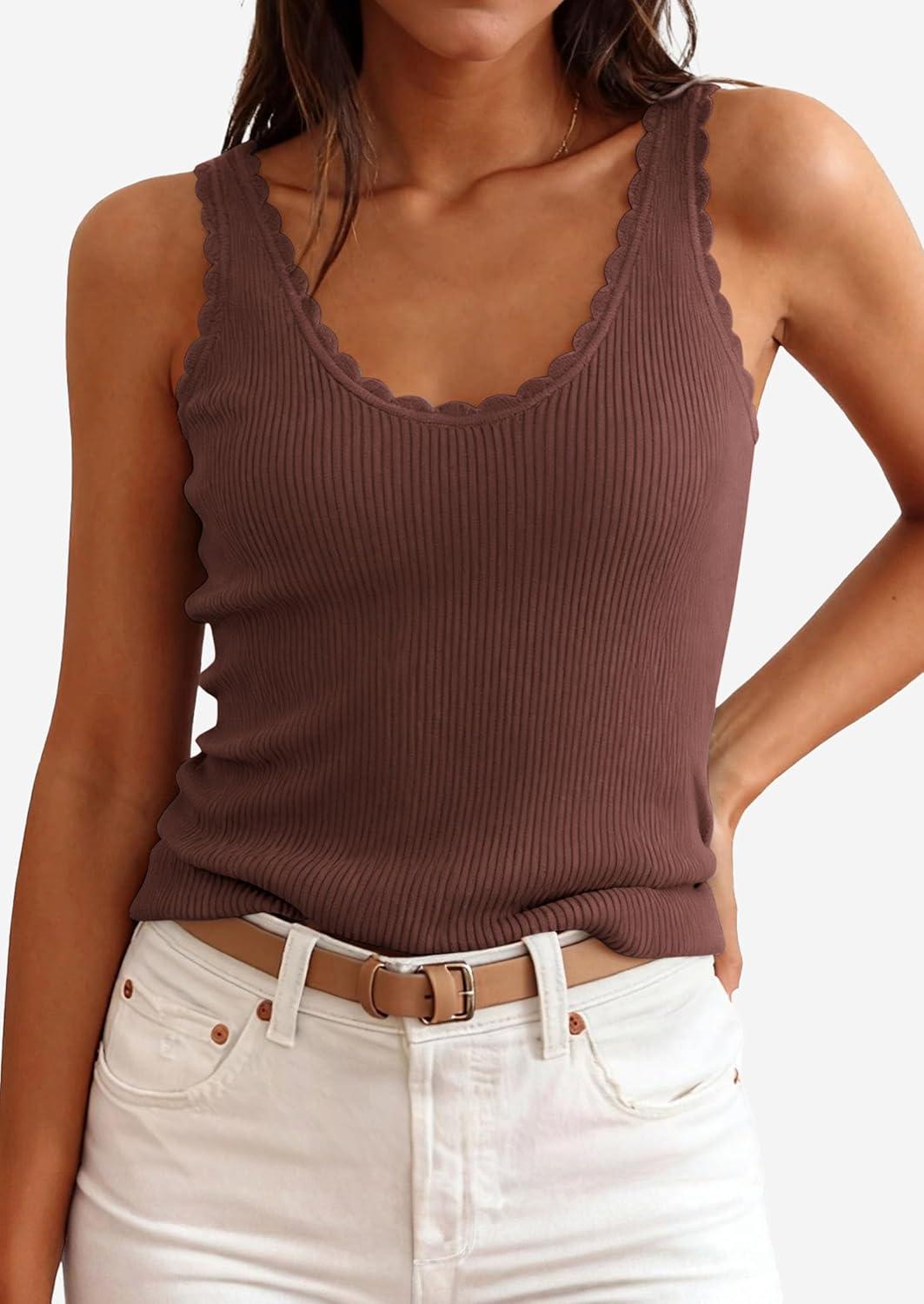 imagePRETTYGARDEN Womens Summer Sleeveless Tank Tops 2026 V Neck Ruffle Lightweight Ribbed Knit Shirt Casual Going Out TopDark Brown