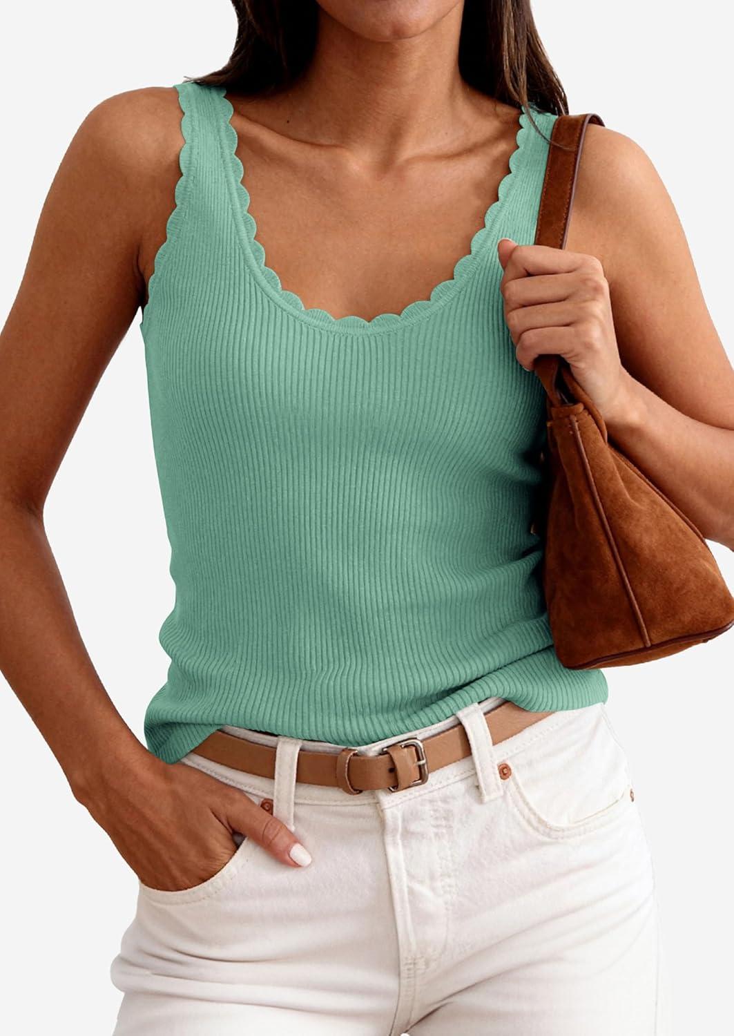 imagePRETTYGARDEN Womens Summer Sleeveless Tank Tops 2026 V Neck Ruffle Lightweight Ribbed Knit Shirt Casual Going Out TopGreen
