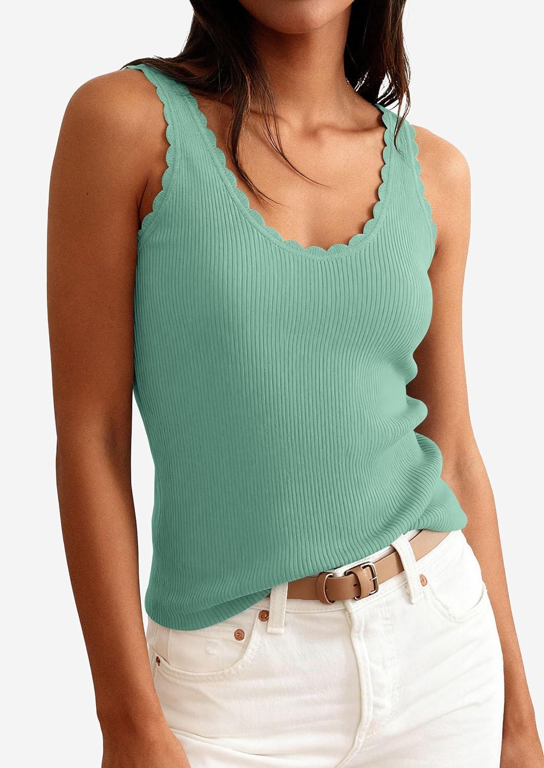 imagePRETTYGARDEN Womens Summer Sleeveless Tank Tops 2026 V Neck Ruffle Lightweight Ribbed Knit Shirt Casual Going Out TopGreen