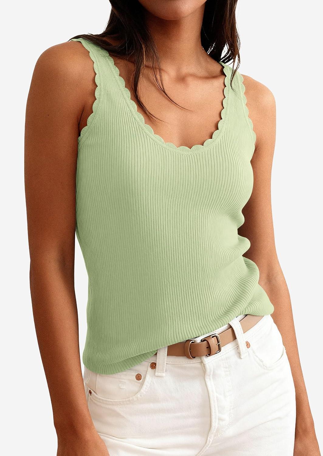 imagePRETTYGARDEN Womens Summer Sleeveless Tank Tops 2026 V Neck Ruffle Lightweight Ribbed Knit Shirt Casual Going Out TopLight Green