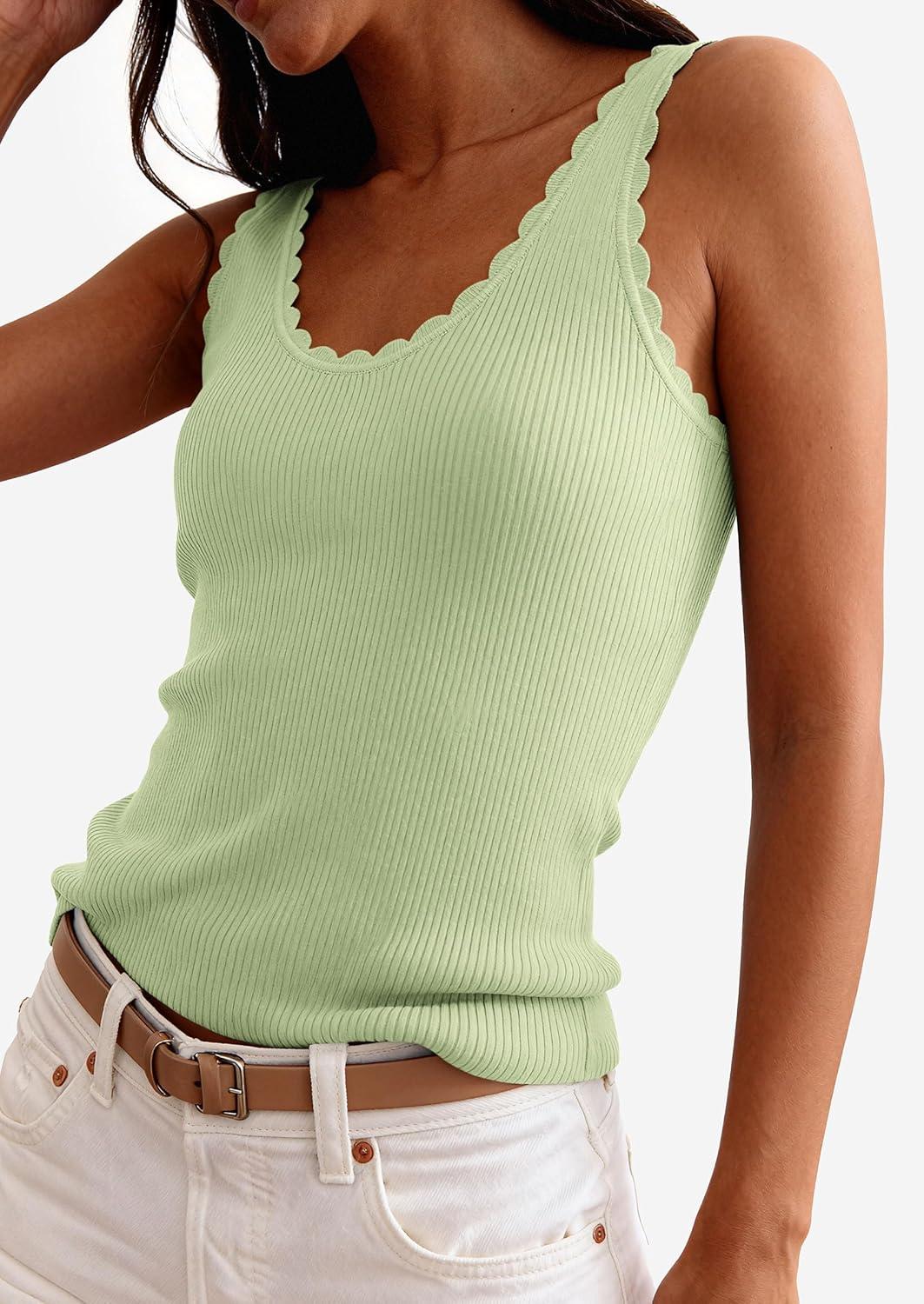 imagePRETTYGARDEN Womens Summer Sleeveless Tank Tops 2026 V Neck Ruffle Lightweight Ribbed Knit Shirt Casual Going Out TopLight Green