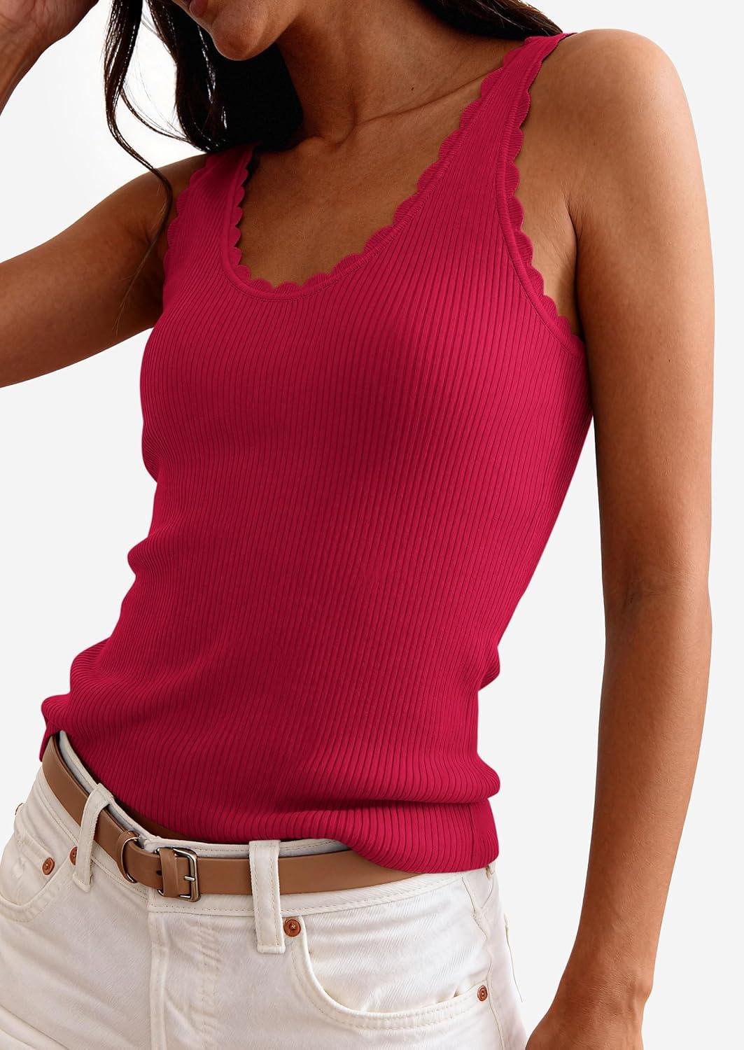 imagePRETTYGARDEN Womens Summer Sleeveless Tank Tops 2026 V Neck Ruffle Lightweight Ribbed Knit Shirt Casual Going Out TopRed