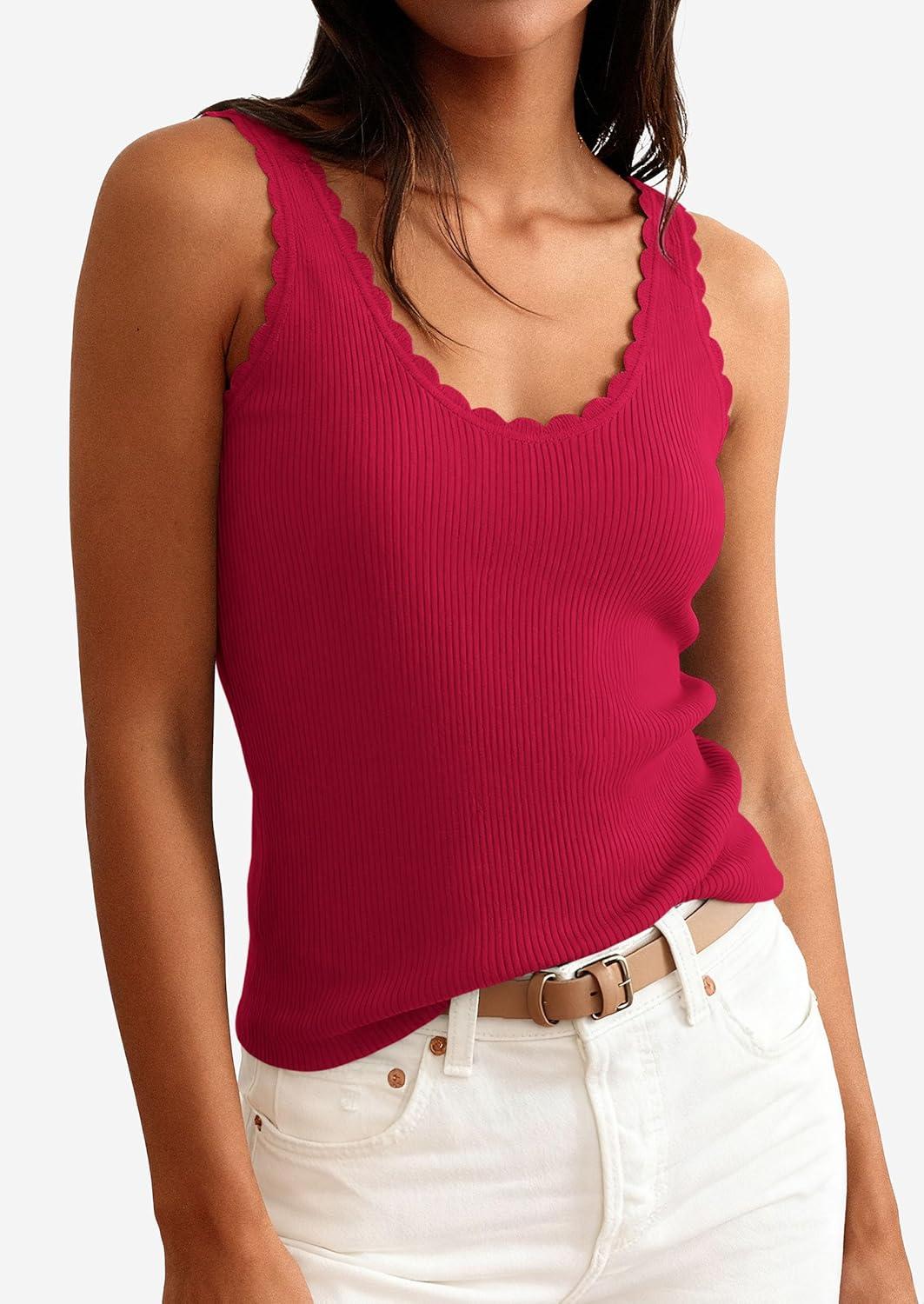 imagePRETTYGARDEN Womens Summer Sleeveless Tank Tops 2026 V Neck Ruffle Lightweight Ribbed Knit Shirt Casual Going Out TopRed