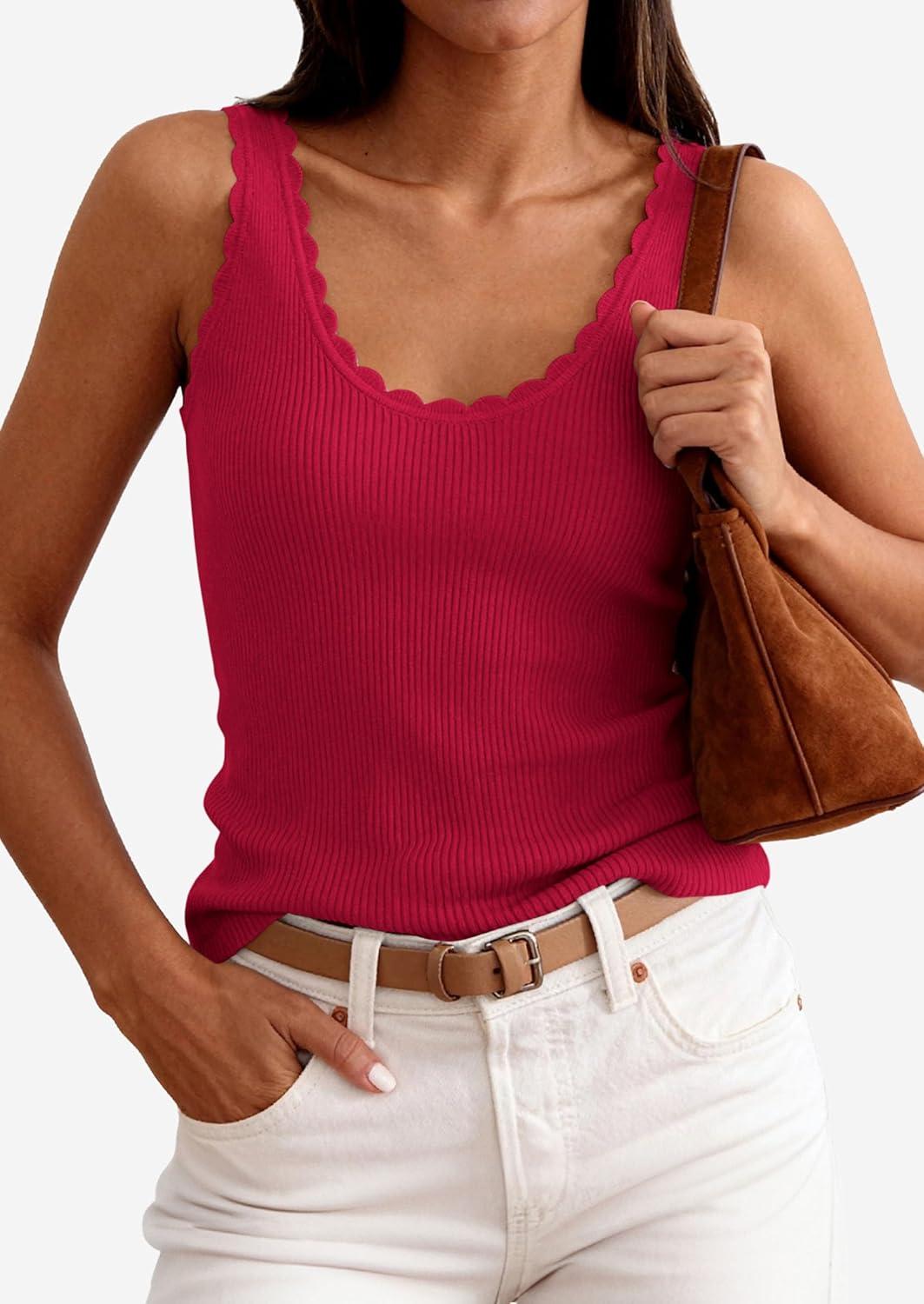 imagePRETTYGARDEN Womens Summer Sleeveless Tank Tops 2026 V Neck Ruffle Lightweight Ribbed Knit Shirt Casual Going Out TopRed