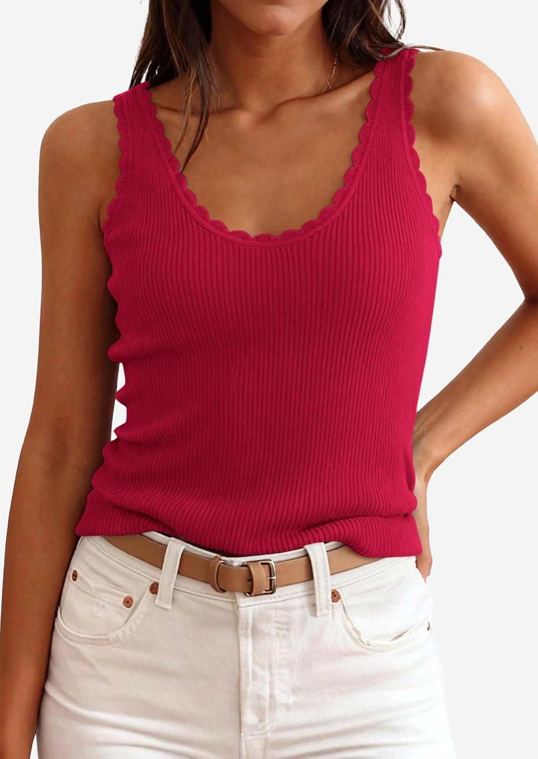 imagePRETTYGARDEN Womens Summer Sleeveless Tank Tops 2026 V Neck Ruffle Lightweight Ribbed Knit Shirt Casual Going Out TopRed