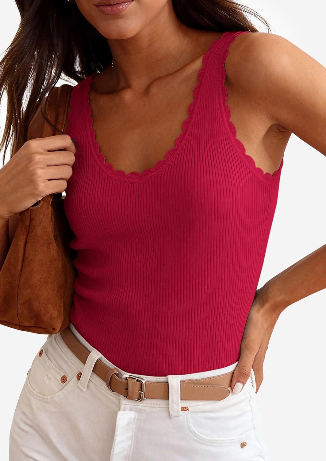 imagePRETTYGARDEN Womens Summer Sleeveless Tank Tops 2026 V Neck Ruffle Lightweight Ribbed Knit Shirt Casual Going Out TopRed