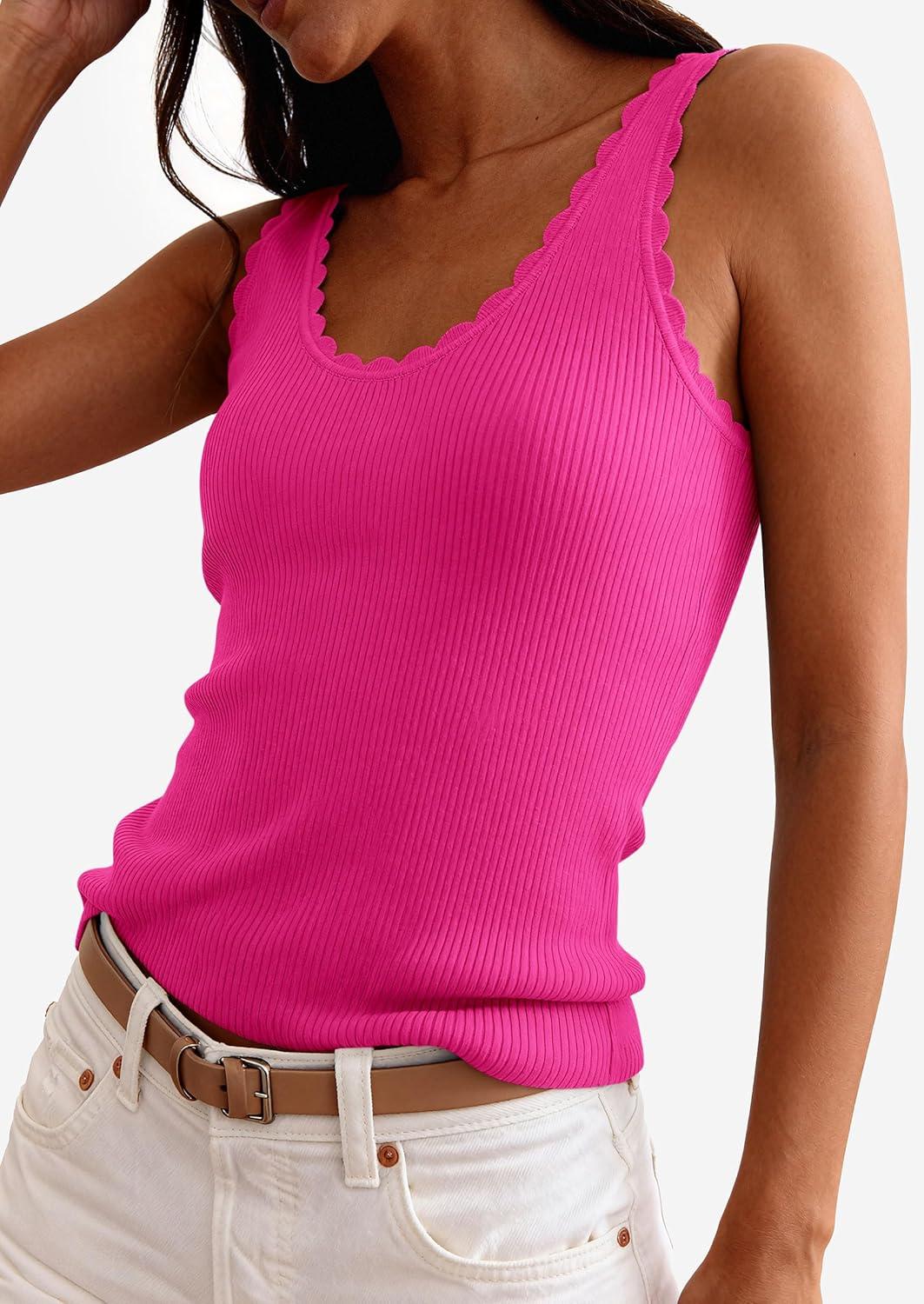 imagePRETTYGARDEN Womens Summer Sleeveless Tank Tops 2026 V Neck Ruffle Lightweight Ribbed Knit Shirt Casual Going Out TopRose Red