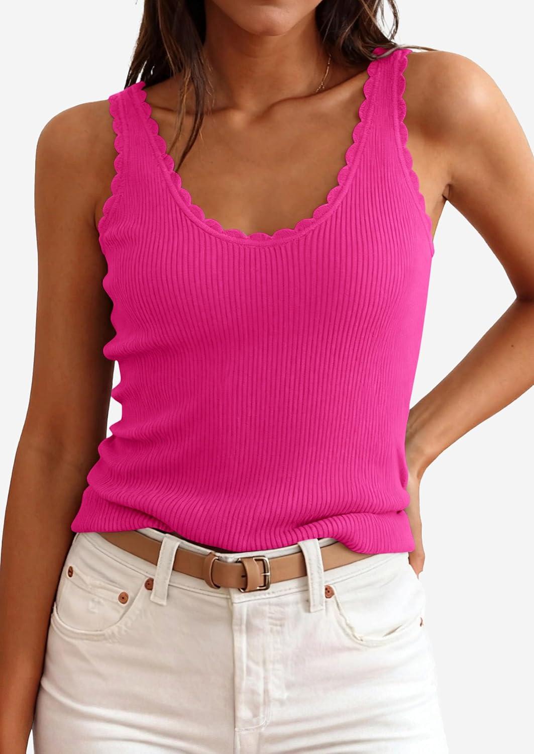 imagePRETTYGARDEN Womens Summer Sleeveless Tank Tops 2026 V Neck Ruffle Lightweight Ribbed Knit Shirt Casual Going Out TopRose Red