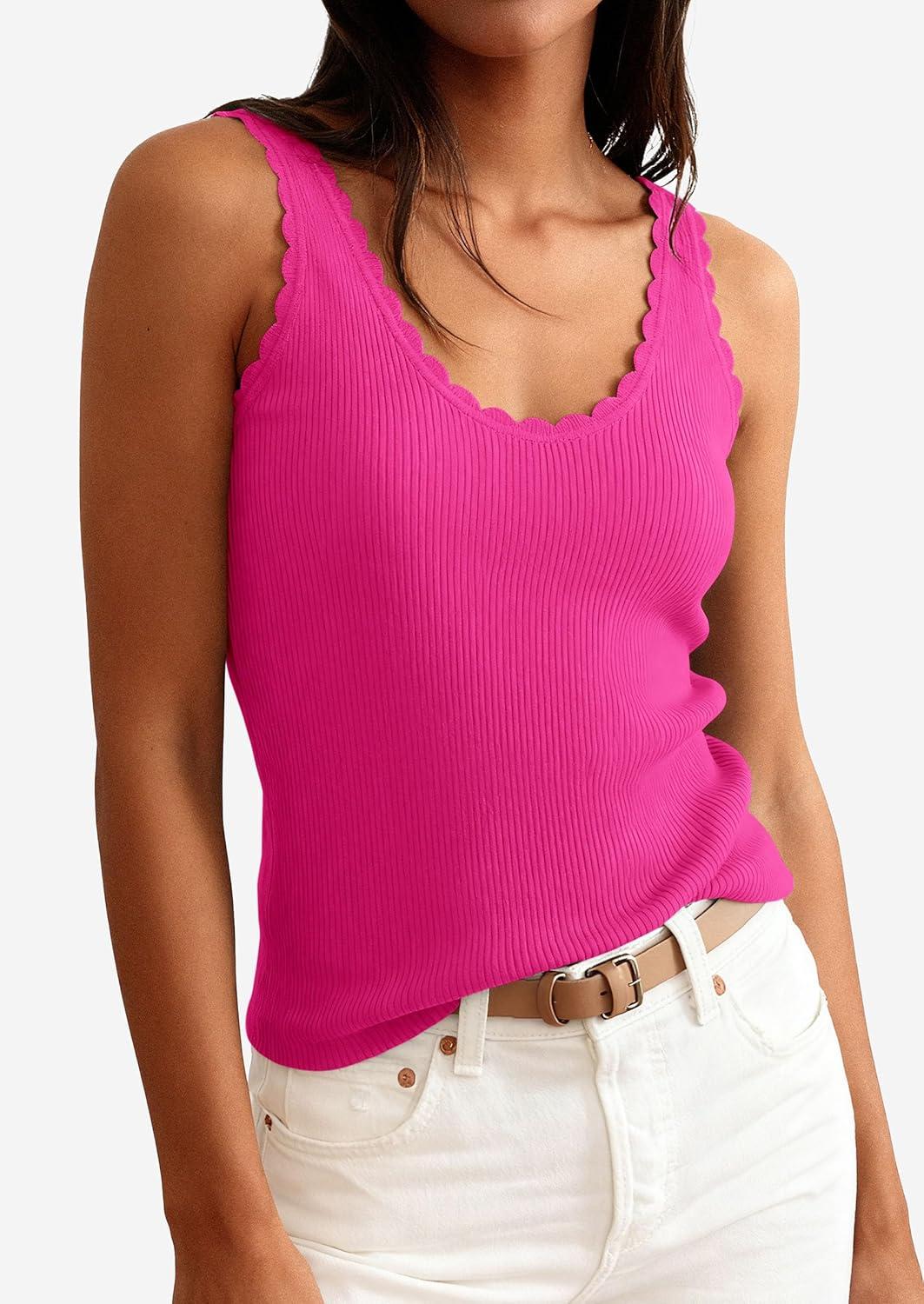 imagePRETTYGARDEN Womens Summer Sleeveless Tank Tops 2026 V Neck Ruffle Lightweight Ribbed Knit Shirt Casual Going Out TopRose Red