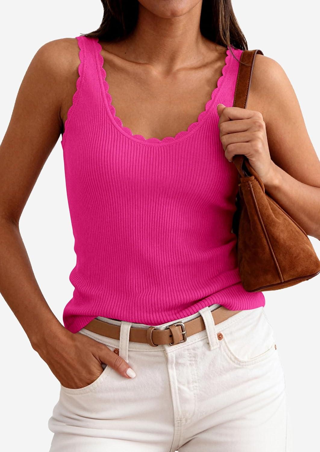 imagePRETTYGARDEN Womens Summer Sleeveless Tank Tops 2026 V Neck Ruffle Lightweight Ribbed Knit Shirt Casual Going Out TopRose Red