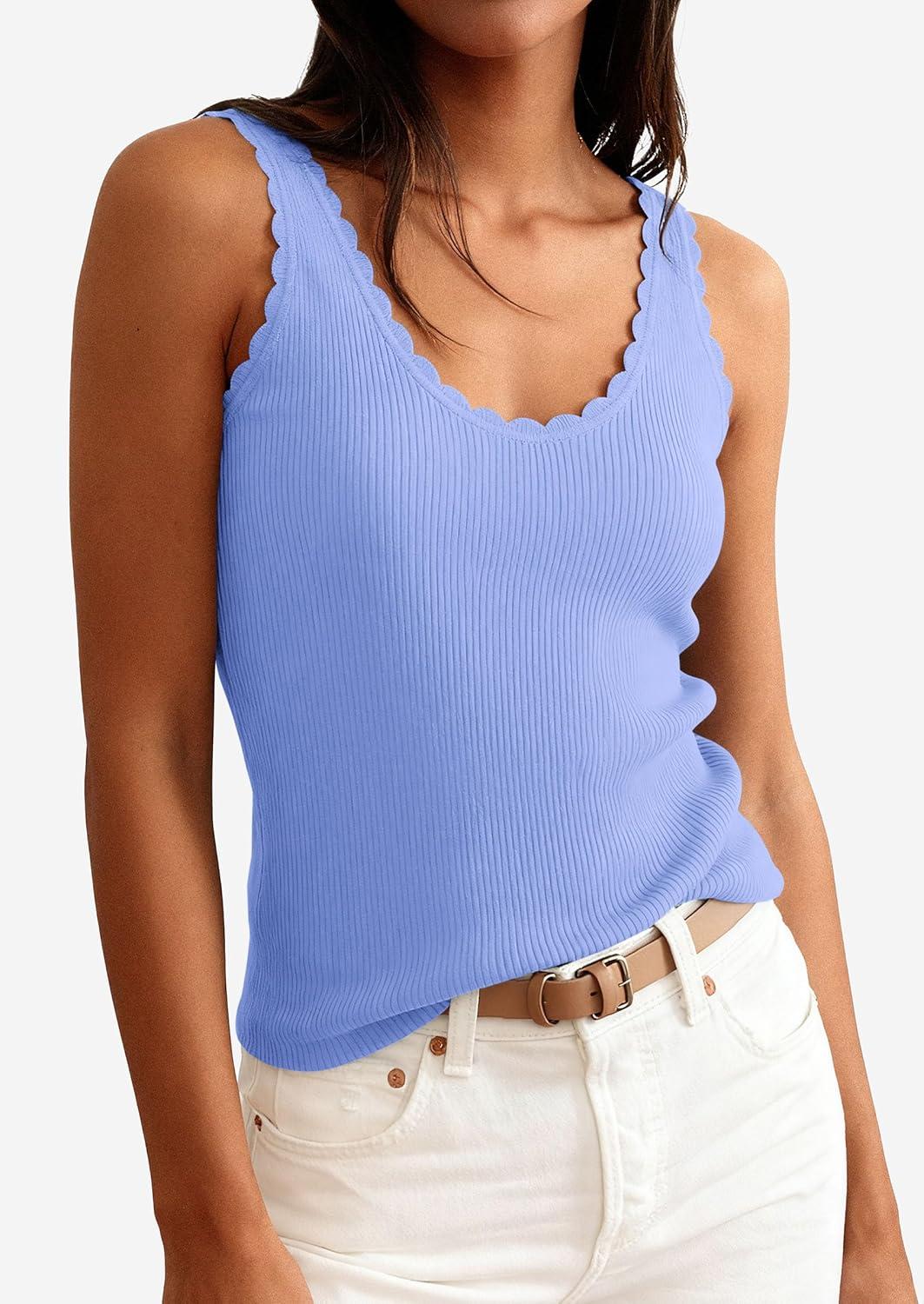 imagePRETTYGARDEN Womens Summer Sleeveless Tank Tops 2026 V Neck Ruffle Lightweight Ribbed Knit Shirt Casual Going Out TopSky Blue