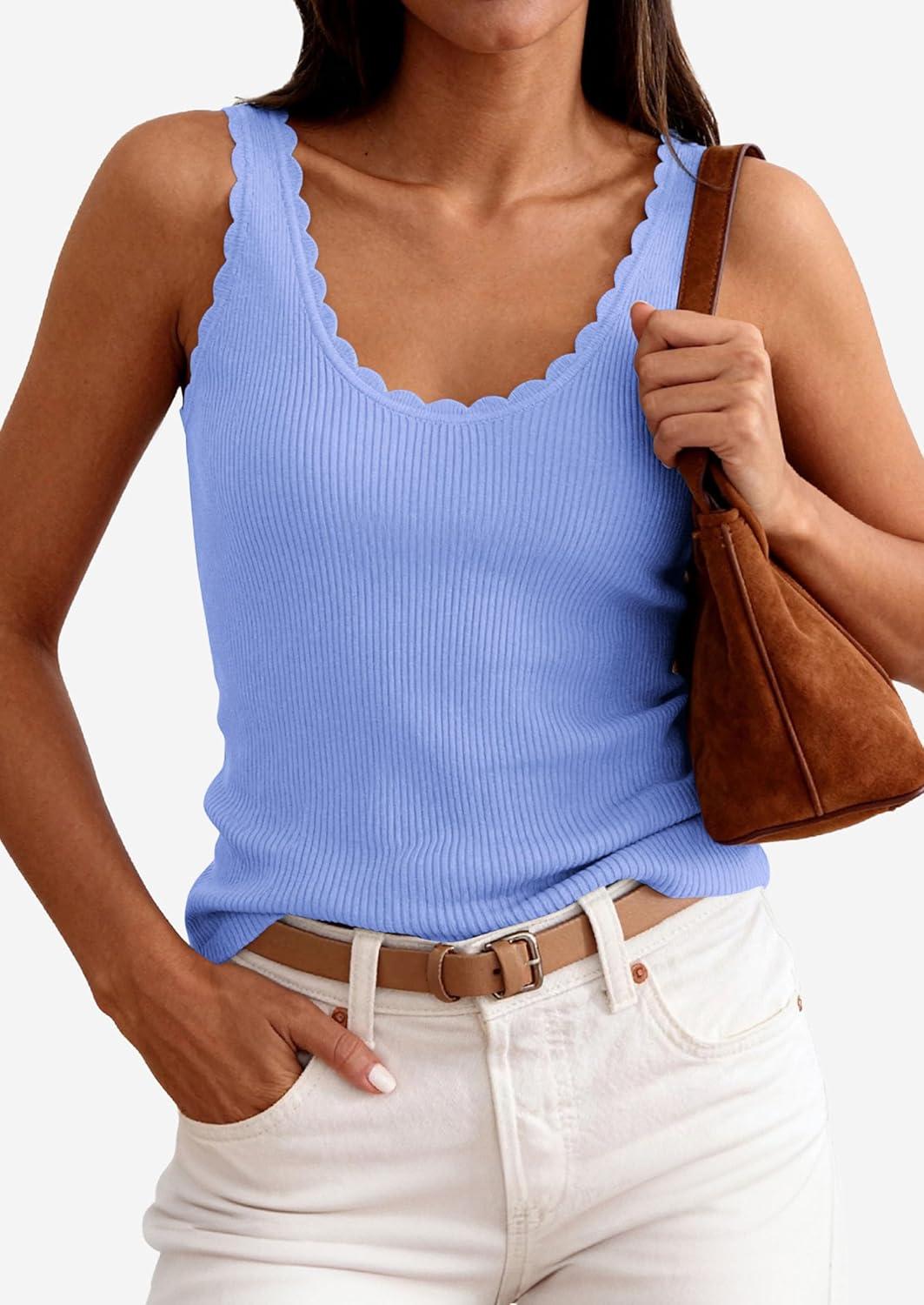 imagePRETTYGARDEN Womens Summer Sleeveless Tank Tops 2026 V Neck Ruffle Lightweight Ribbed Knit Shirt Casual Going Out TopSky Blue
