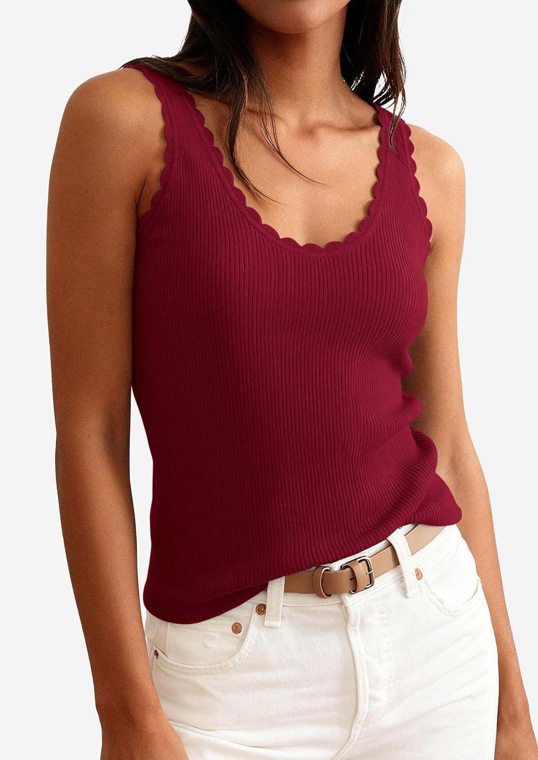 imagePRETTYGARDEN Womens Summer Sleeveless Tank Tops 2026 V Neck Ruffle Lightweight Ribbed Knit Shirt Casual Going Out TopWine Red