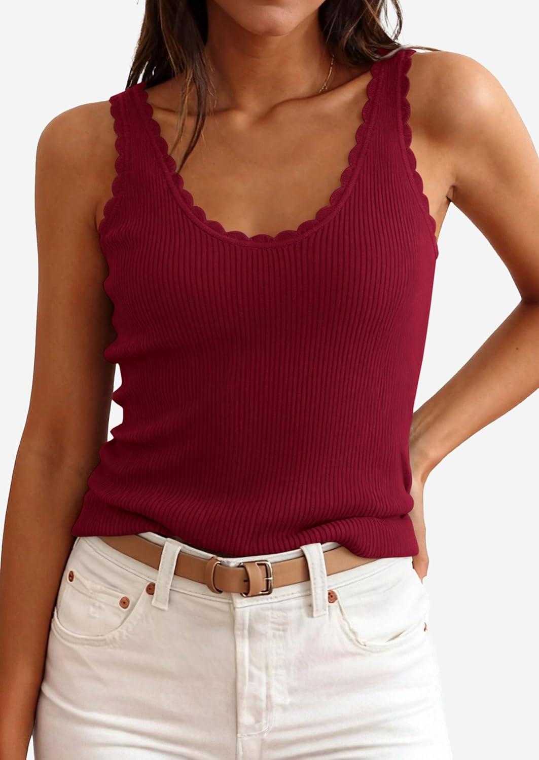 imagePRETTYGARDEN Womens Summer Sleeveless Tank Tops 2026 V Neck Ruffle Lightweight Ribbed Knit Shirt Casual Going Out TopWine Red