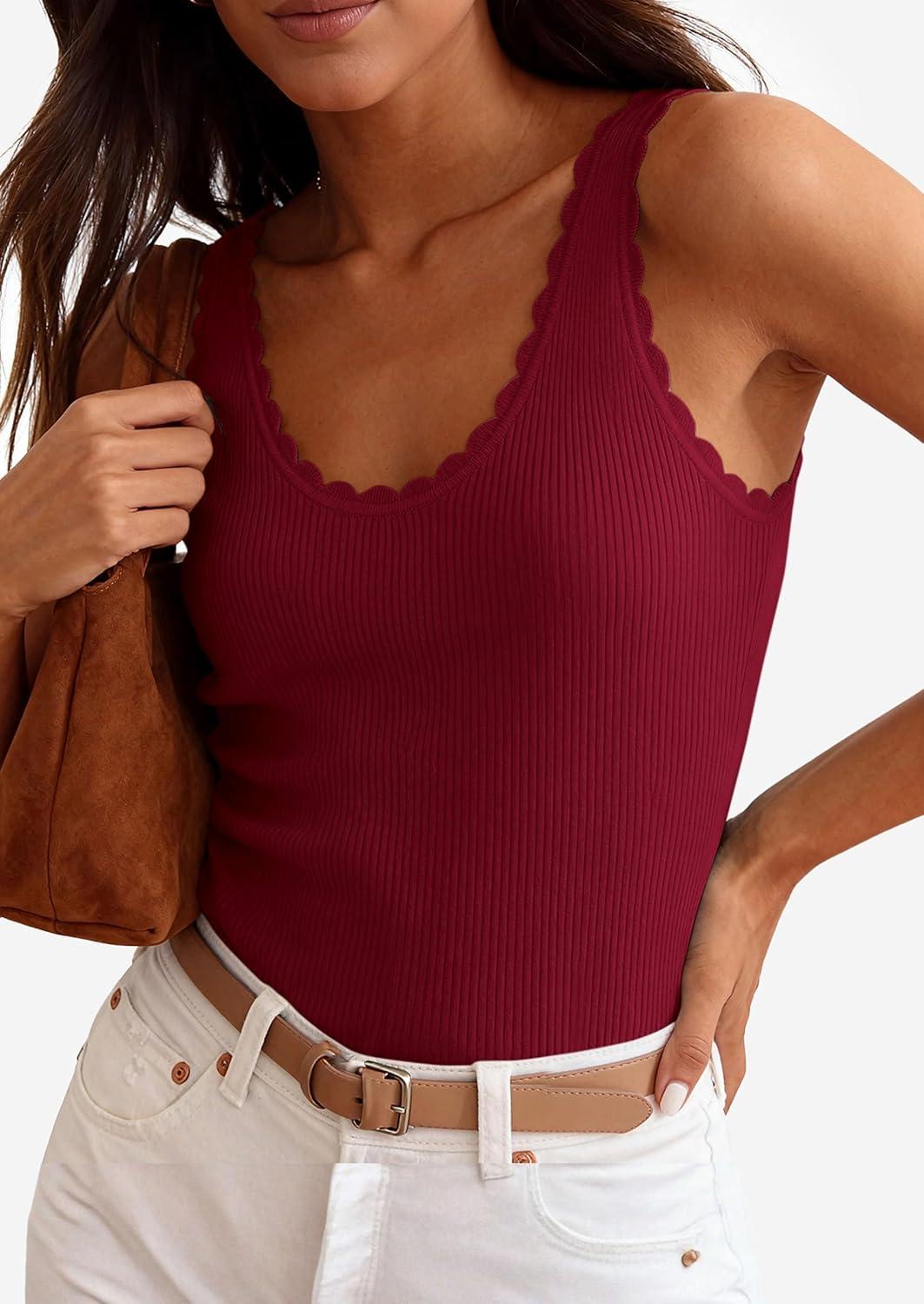 imagePRETTYGARDEN Womens Summer Sleeveless Tank Tops 2026 V Neck Ruffle Lightweight Ribbed Knit Shirt Casual Going Out TopWine Red