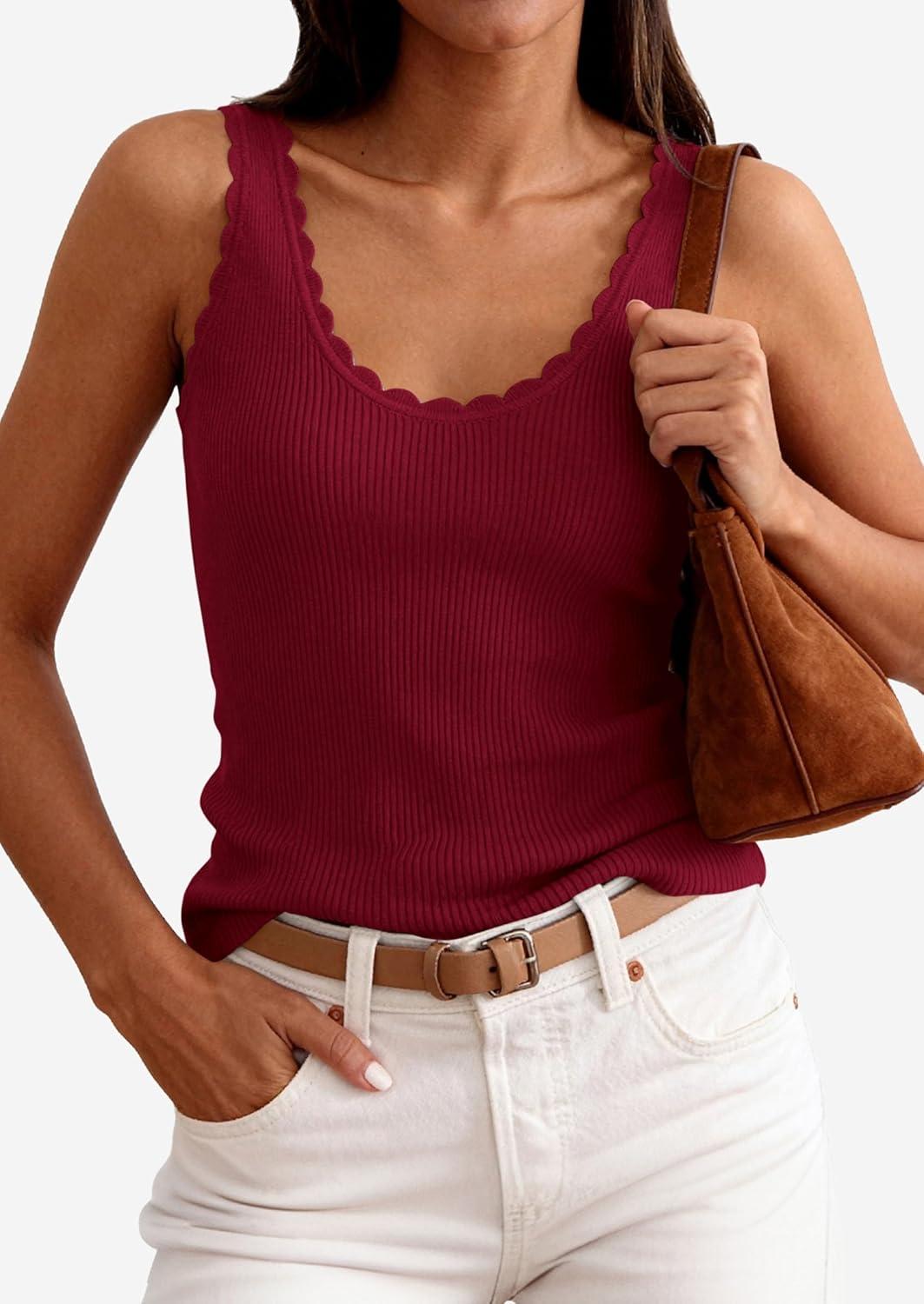 imagePRETTYGARDEN Womens Summer Sleeveless Tank Tops 2026 V Neck Ruffle Lightweight Ribbed Knit Shirt Casual Going Out TopWine Red